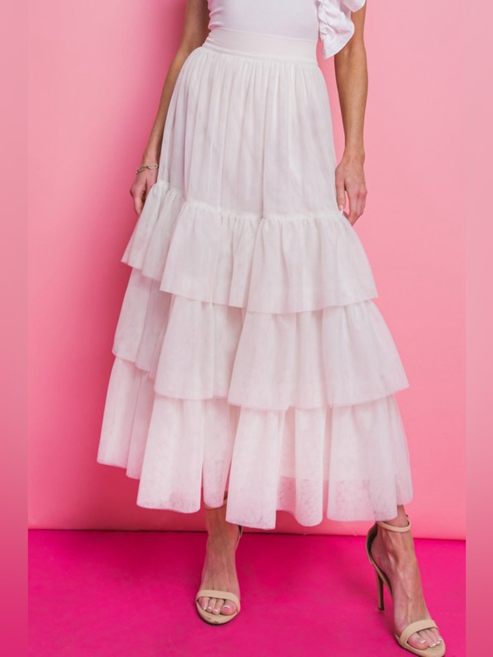NWT Luxury Off White Tiered Ruffle Soft Tulle Lined Maxi Skirt